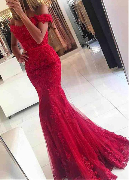 100% Real Image Luxury Burgundy Evening Dresses Long 2017 Mermaid High Quality Off the Shoulder Beaded Lace Prom Gowns