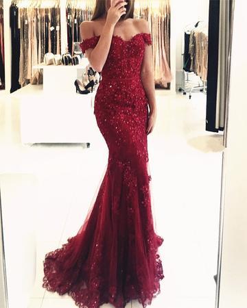 Off Shoulder Lace V-neck Mermaid Burgundy Prom Dresses Formal Evening Gowns