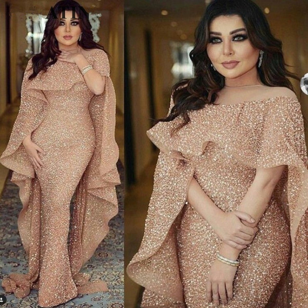 Rose Gold Mermaid Saudi Arabia Muslim Evening Dresses with Cape Yousef Aljasmi Glitter Sequin Dubai Prom Formal Dresses Shiny