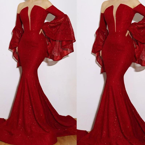 Evening Dresses Deep V neck Red Off the Shoulder Sequined Mermaid Long Flare Long Sleeves Sweep Train Prom Formal Party Dresses