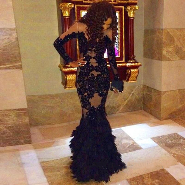 Evening Dresses robe de soiree Mermaid Long Sleeves Tulle Lace Appliques O Neck Black Beads Floor Length Prom Party Gown