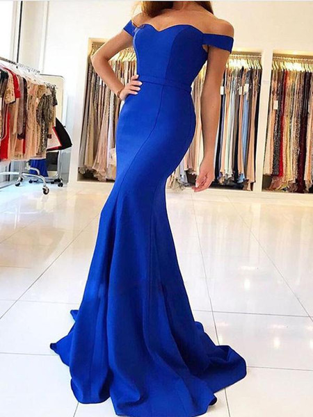 Evening Dresses Off Shoulder Mermaid Simple Satin Sweetheart Sweep Train Formal Evening Gowns Custom Made robe de soiree