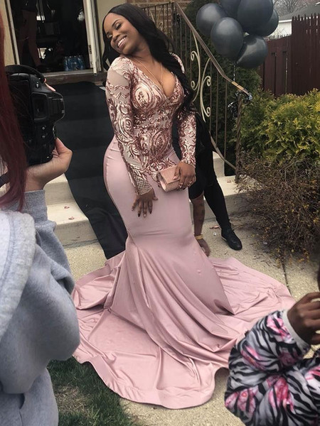 Plus Size Long Sleeve Mermaid Prom Dresses New Sequined Deep V Neck Sweep Strain Illusion Formal Evening Dress Party Gowns Custom Made