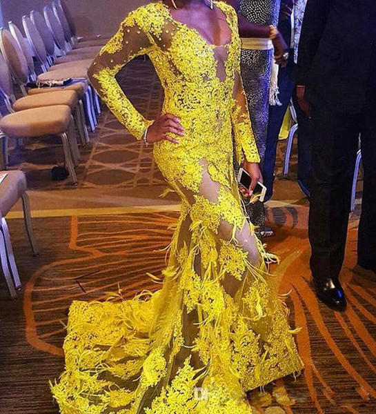 ZYLLGF Sexy See Through Lace Evening Dresses Mermaid Deep V Neck African Beaded Plus Size Yellow Prom Gowns Long Sleeves With Feathers