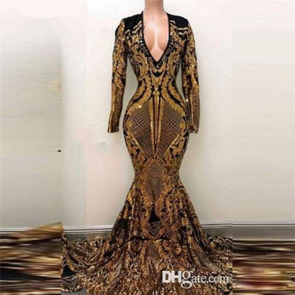 ZYLLGF Gold Sequined Mermaid Long Sleeve Evening Dresses Sexy Deep V Neck Prom Party Dress Gowns Robe De Soiree