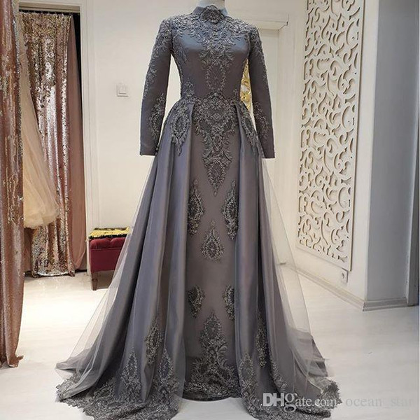 ZYLLGF New Muslim Long Sleevs Evening Dresses High Neck A-Line Beaded Appliques Sweep Train Formal Prom Occasion Dresses Custom Made