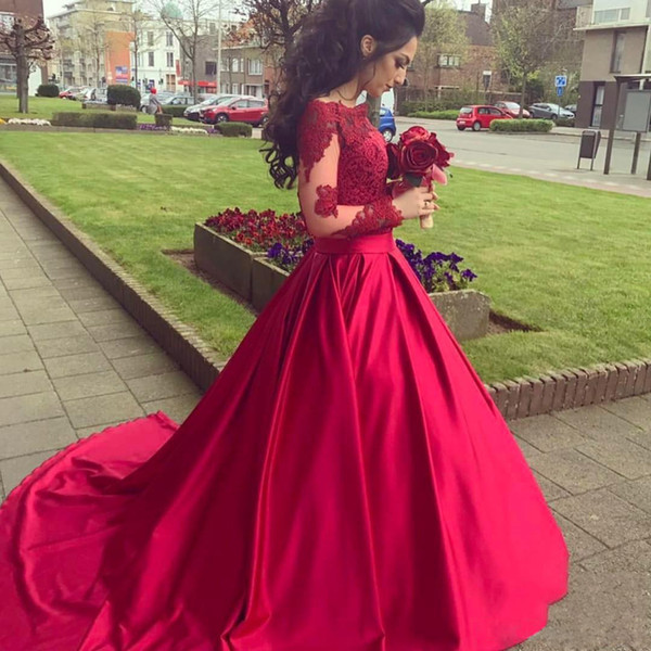 ZYLLGF Elegant A Line Long Evening Dresses Off Shoulder Long Illusion Sleeves Applique Lace Sweep Train Arabic Prom Dress Party Gowns