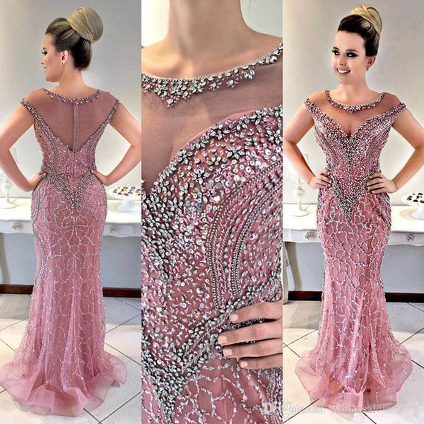 ZYLLGF 2018 Luxury Sheer Cap Sleeves Beaded Tulle Mermaid Evening Dresses Sequined Beaded Crystals Formal Party Prom Wear Dresses