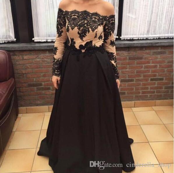 ZYLLGF Long Sleeve Prom Dresses Off Shoulder A Line Sweep Train Appliques Long Evening Party Gowns Soiree Graduation Wear