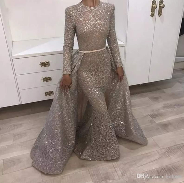 ZYLLGF Gold Mermaid Evening Dresses Jewel Long Sleeve Unique Design Evening Gowns Lace With Sequins Beads Crystals Formal Evening Dresses