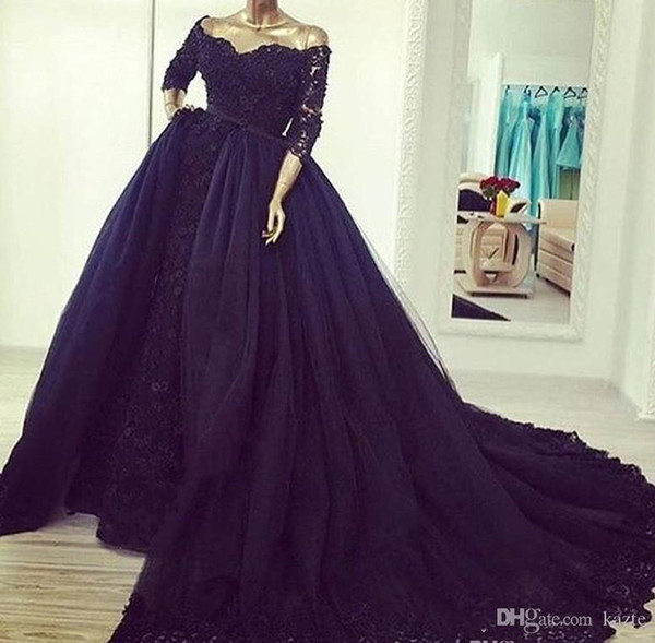 ZYLLGF Vintage Half Sleeves Lace Navy Blue Evening Dresses with Detachable Train South African Off Shoulders Formal Plus Size Party Gown