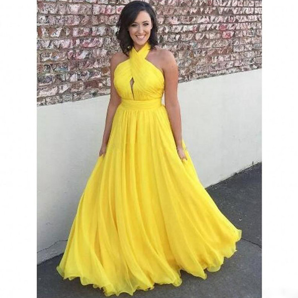 ZYLLGF Yellow Plus Size Chiffon Long Evening Dresses Halter Pleated Flowy Floor Length Backless Evening Dresses Formal Party Gowns