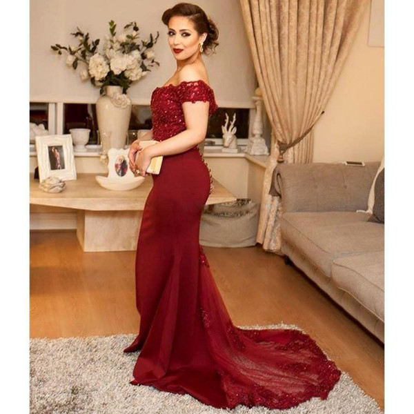 ZYLLGF Burgundy Mermaid Formal Dresses Evening Wear Off Shoulder Appliques Sweep Train Modest Prom Party Dress Vestidos De Festa