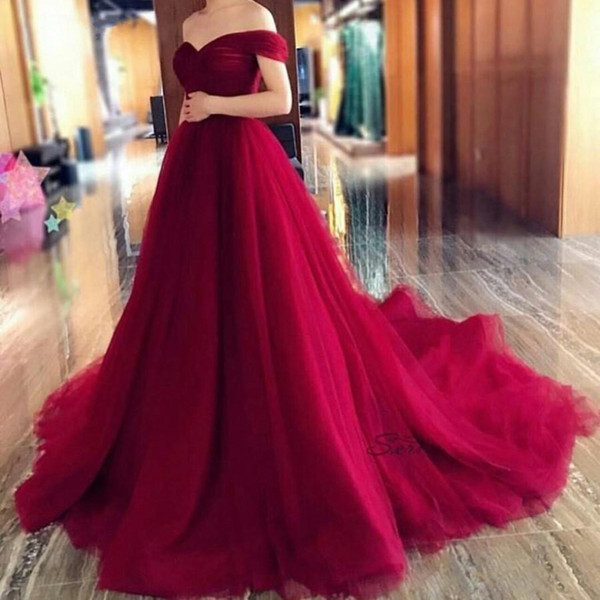 ZYLLGF A-line Sweetheart Sweep Train Off Shoulder Evening Dresses Pleated Tulle Corset Long Burgundy Formal Evening Gowns Party Wear