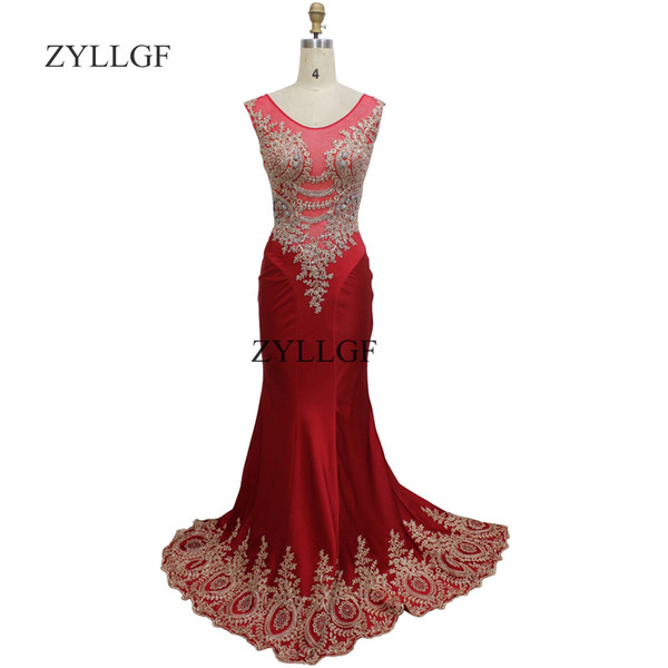 ZYLLGF Sexy Sheer Back Formal Evening Wear Mermaid V Neck Gold Appliques Dubai Evening Dresses Beaded Women Prom Party Gown Big Size