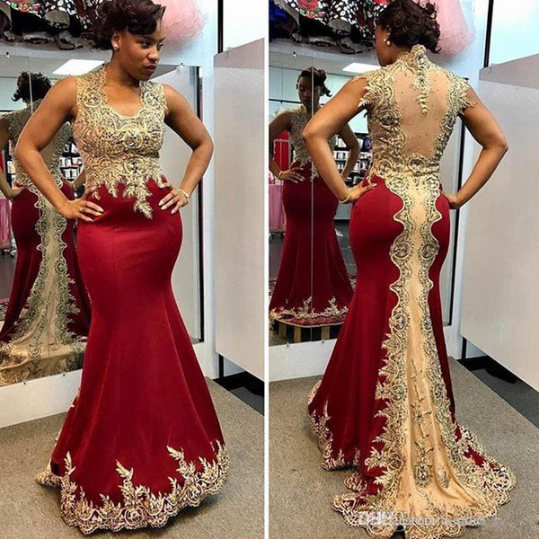 ZYLLGF Burgundy Formal Dresses Evening Wear Sheer Back Sexy Mermaid Prom Dress With Gold Appliques Women Beaded Party Evening Gown