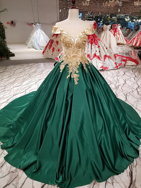 ZYLLGF Imported Evening Gown Dresses Puffy Boat Neck Cap Sleeve Embroidery Beaded Ball Gown Prom Dresses Deep Green Satin Dress For Evening