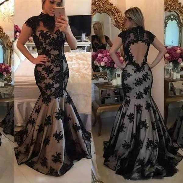 ZYLLGF High Neck Evening Dresses Cap Sleeve Mermaid Lace Appliques Zipper Sweep Train Sexy Party Prom Dresses