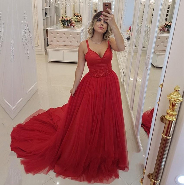 ZYLLGF Long Red Evening Dresses A Line V Neck Spaghetti Sleeveless Floor Length Tulle Prom Dresses Red Carpet Dress