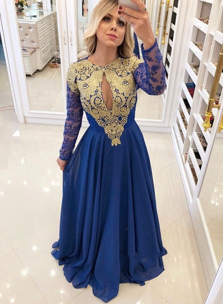 ZYLLGF Sexy Gold Applique Evening Dresses Jewel Floor Length Long Sleeve Lace Prom Dresses With Beadings Red Carpet Dresses