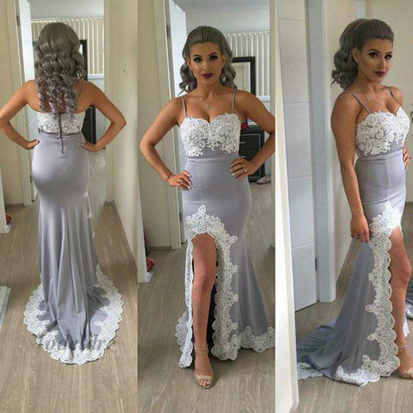 ZYLLGF Sexy Grey Evening Dresses Mermaid Spaghetti Straps High Split Lace Appliques Elegant Evening Gowns For Women Abendkleider