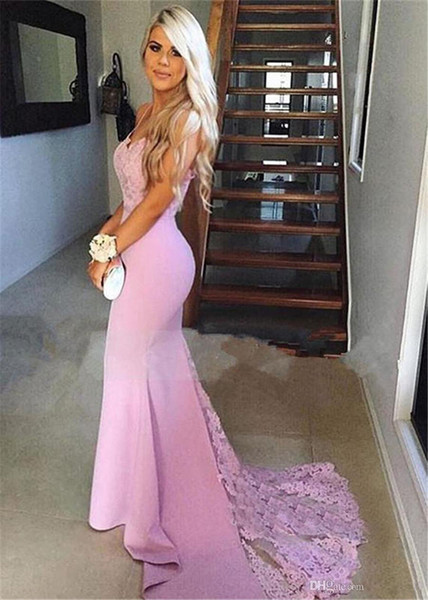 ZYLLGF Sexy Evening Dresses Pink Spaghetti Straps Lace Appliques Beaded Sweep Train Satin Mermaid Sweetheart Prom Party Dresses