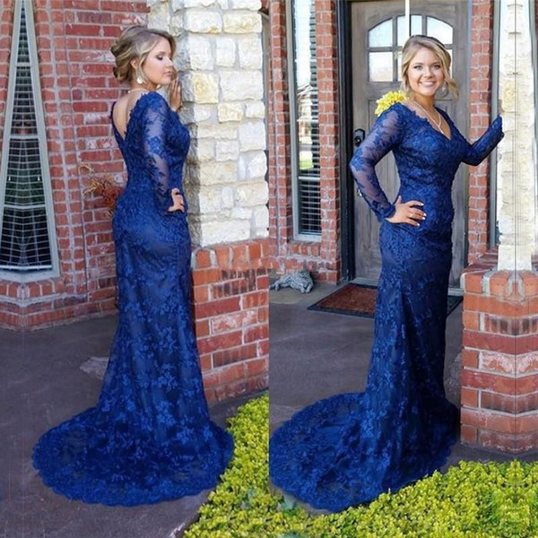 ZYLLGF New Arabic Navy Blue Lace Long Sleeves Mermaid Evening Dresses Dubai Elegant Vestidos De Fiesta V-neck Prom Dresses