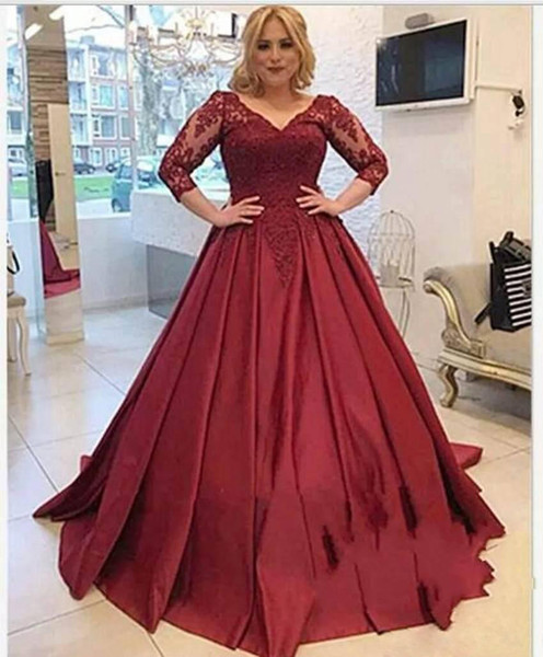 ZYLLGF Dark Red Plus Size Lace Evening Dresses Applique 3/4 Sleeves Court Train Lace Up Back Dresses Evening Wear Prom Dresses