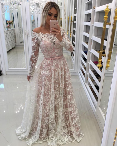 ZYLLGF Gorgeous Off Shoulder Long Sleeves Lace Evening Dresses Ivory Pink Floor Length Custom Made Plus Size Prom Dresses Illusion Back