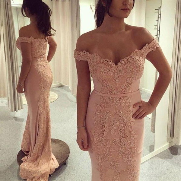 ZYLLGF Stunning Blush Pink Mermaid Lace Evening Dresses Custom Made Off The Shoulder Appliqued Beaded Long Prom Gowns