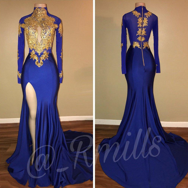 ZYLLGF Royal Blue Prom Dresses Gold Lace African Formal Evening Gowns Mermaid Split Side High Collar Long Sleeves Evening Party Dress