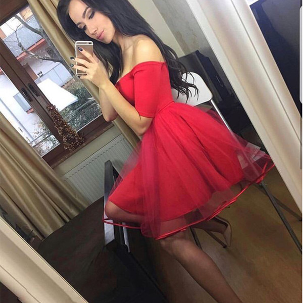 Simple Red Half Sleeves Homecoming Dresses A Line Off The Shoulder Short Party Dresses For Prom Custom Made Homecoming Gowns