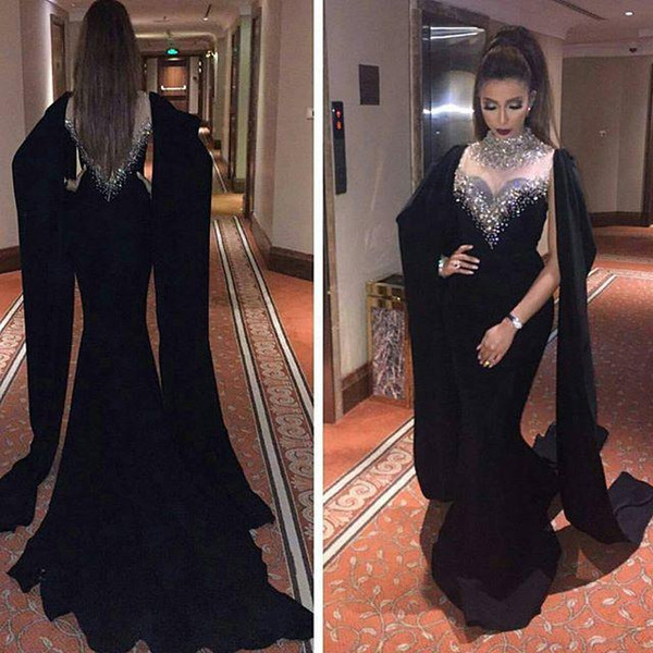 2017 Haifa Wahbe Beaded Black Evening Dresses Sexy Cape Style Latest Mermaid Evening Gowns Dubai Arabic Party Dresses Real Pictures