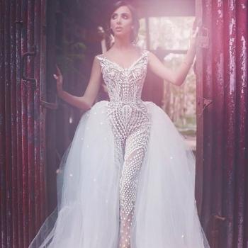 Jumpsuit Evening Dresses with Big Detachable Tulle Overskirt V Neckline Sleeveless Floor Length Sheer Sequins Sexy Party Prom Gowns