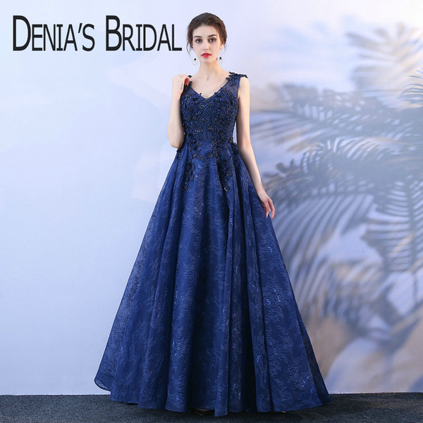 A-Line Evening Dresses with Handmade Flowers Sequins Lace Beads Sheer Straps Floor Length Plus Size Navy Prom Gowns XG005