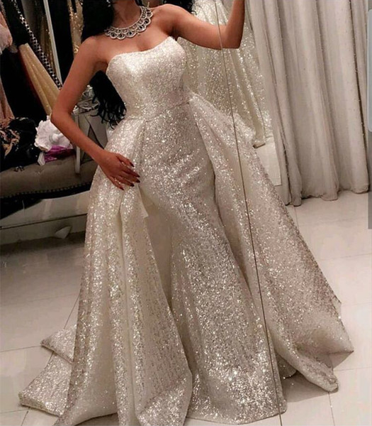 Bling Ball Gown Prom Dresses with Sweetheart Neckline Sweep Train Sleeveless Glitter Glued Lace Detachable Overskirt Evening Gowns