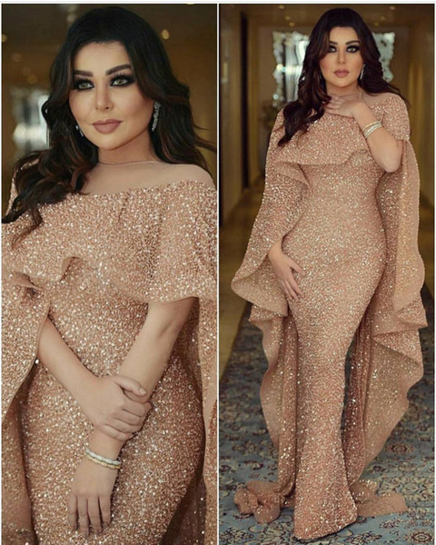 Bling Mermaid Evening Dresses with Long Cape Glitter Glued Lace Illusion Arabic Middle East Custom Made Plus Size Trumpet Prom Gowns