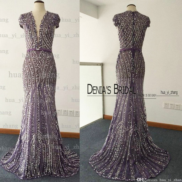 Real Image 2017 Sheer Evening Dresses Deep V Neck Major Beading Crystal Cape Sleeves Mermaid Tulle Under Lace Evening Gowns Dhyz 01