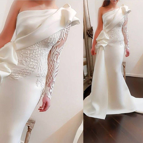 Arabic mermaid Evening Dresses with One Shoulder Sash Long Sleeve Embroidery Beadeds Ruching Crepe Asymmetric Trumpet Prom Gowns