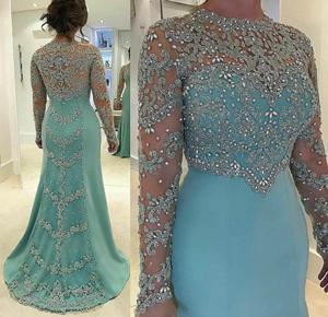 Sheath Evening Dresses with Crew Neckline Long Sleeves Sweep Train Illusion Beaded Crystal Appliques Vestidos Festa Party Prom Gowns
