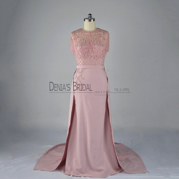 2017 Pink Sheath Evening Dresses with Jewel Neck Sleeveless Detachable Overskirt Court Train Beadeds Beading Pearls Illusion Prom Gowns