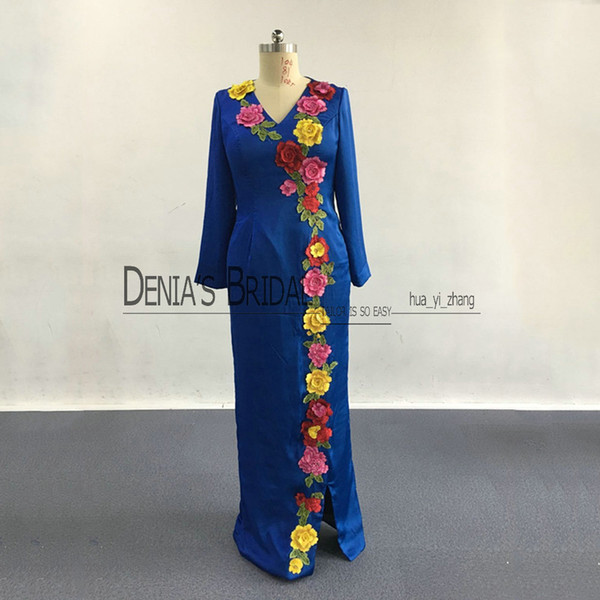 2017 V-Neck Sheath Evening Dresses Long Sleeves Colorful Flowers Appliqued Front Lower Split Floor Length Sweep Train Evening Gowns