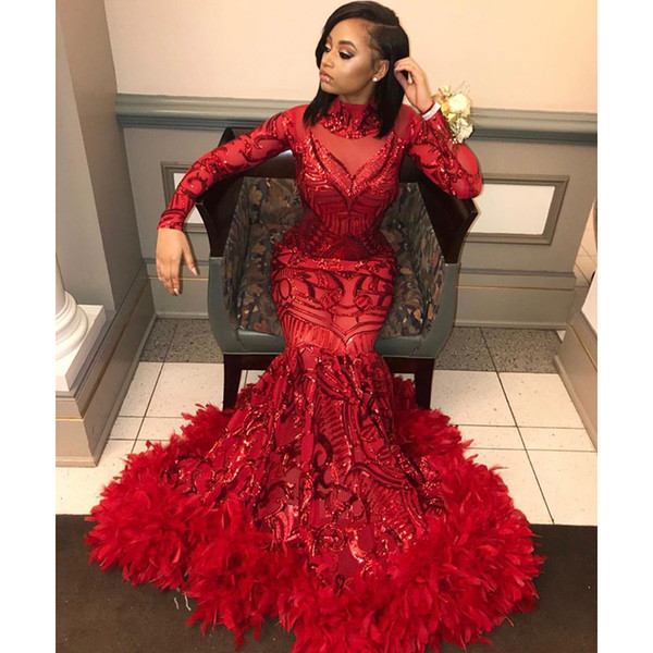 Red Mermaid Prom Dresses New Long Sleeve Floor Length Sequined High Neck Formal Evening Dress Party Gowns