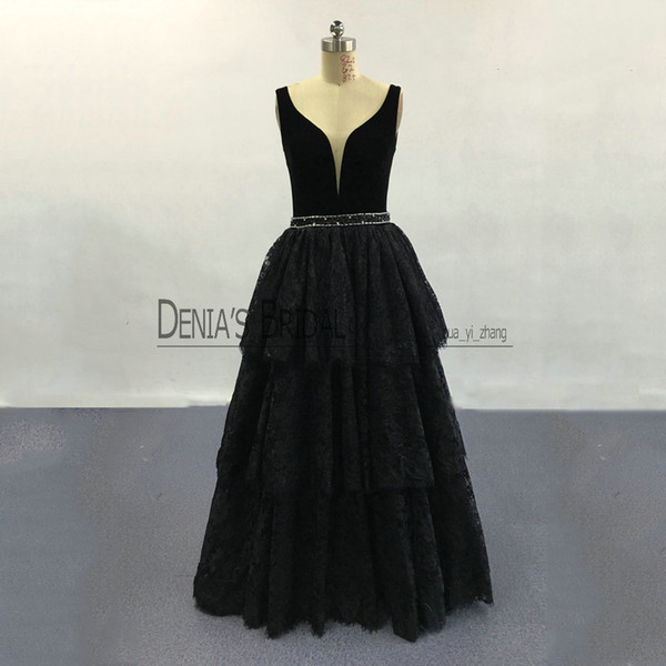 2017 Real Images Sexy Black Ball Gowns Evening Dresses With Deep V Collar And Waist Beaded Floor Length Tiered Sweep Train Prom Dresses