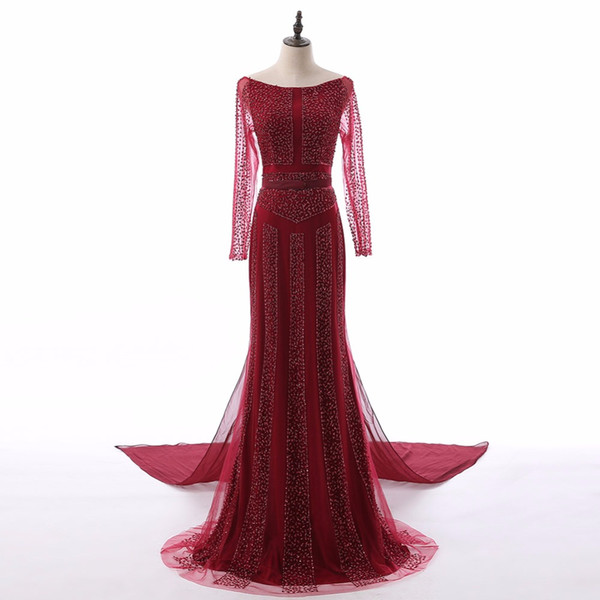 Real Made Long Sleeve Burgundy Black Evening Gowns With Tail Fashion Beaded Ladies' Long Banquet Dress