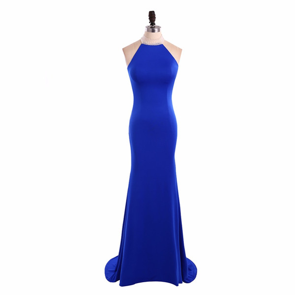 Real Made Blue Satin Ladies Evening Dress New Style Beaded Neckline Floor Length Dress Fashion