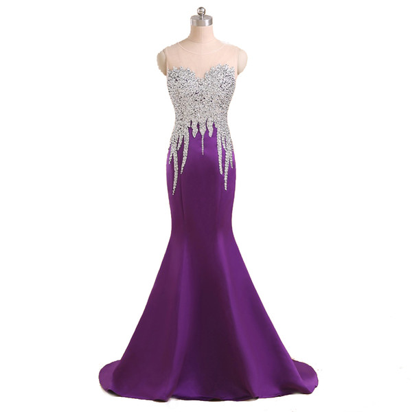 Real Made Purple Satin Evening Gowns Mermaid Style Full Beaded Top Zip Back Queen's Fashion Banquet Dress