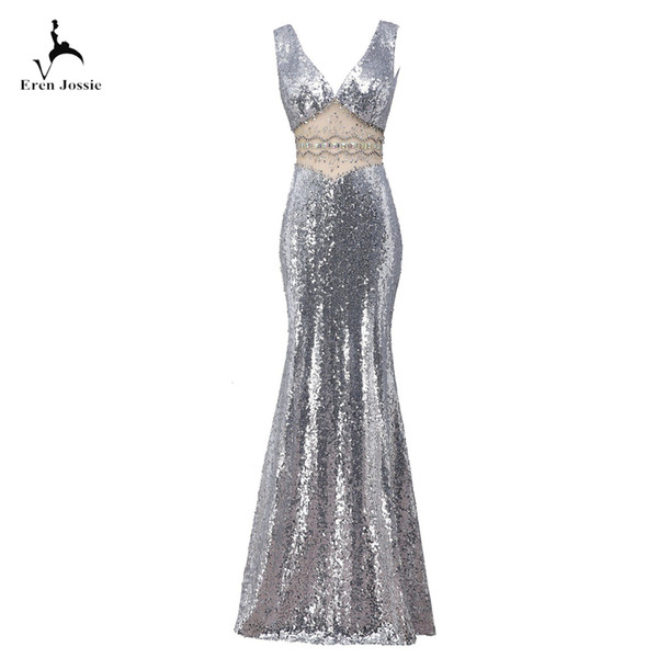 Eren Jossie Wholesale Price Silver Sequin Evening Dress Good Quality Fashion Ladies Special Occasion V-Neck Gown