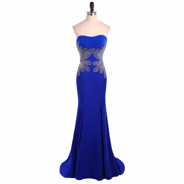 New Fashion Beaded Royal Blue Evening Dress Strapless Mermaid Style Ladies Banquet Gown 2017 Hot Selling