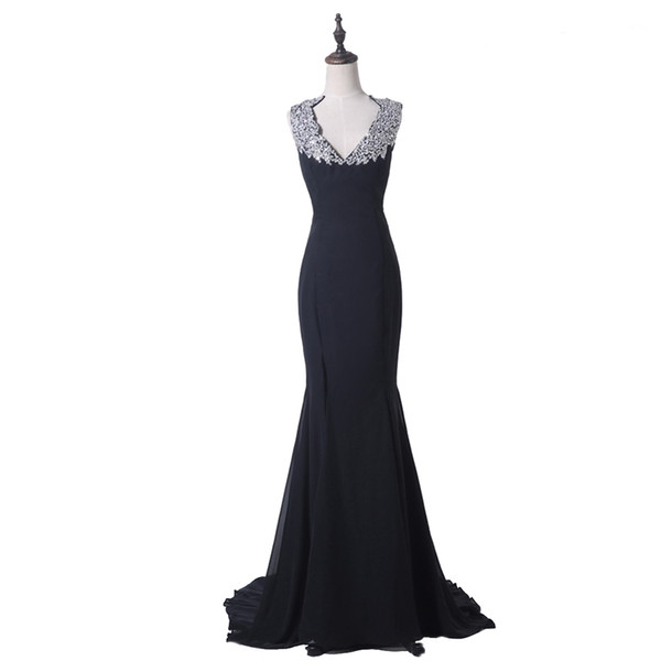 2017 Autumn Collection Black Chiffon Evening Elegant Dress Beaded V-Neck Sleeveless Sexy Open Back Long Gown